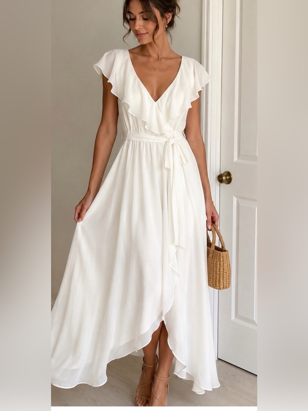 Simplee Apparel White Ruffle Wrap Maxi Dress